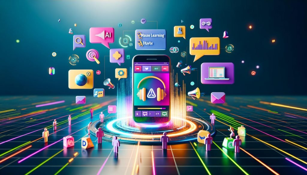 Stilisiertes Titelbild mit Smartphone und Spotify-App, umgeben von Marketing-Icons, Marketer mit Laptop, KPI-Monitoren und vernetzter Stadtkulisse.
