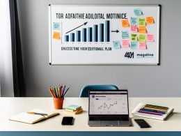Aufgeräumter Homeoffice-Schreibtisch mit Laptop, Notizbuch, Farbstiften, Smartphone und Redaktionsplan am Whiteboard als Beispiel für digitale Planung und Strategie in einem Affiliate-Blog.