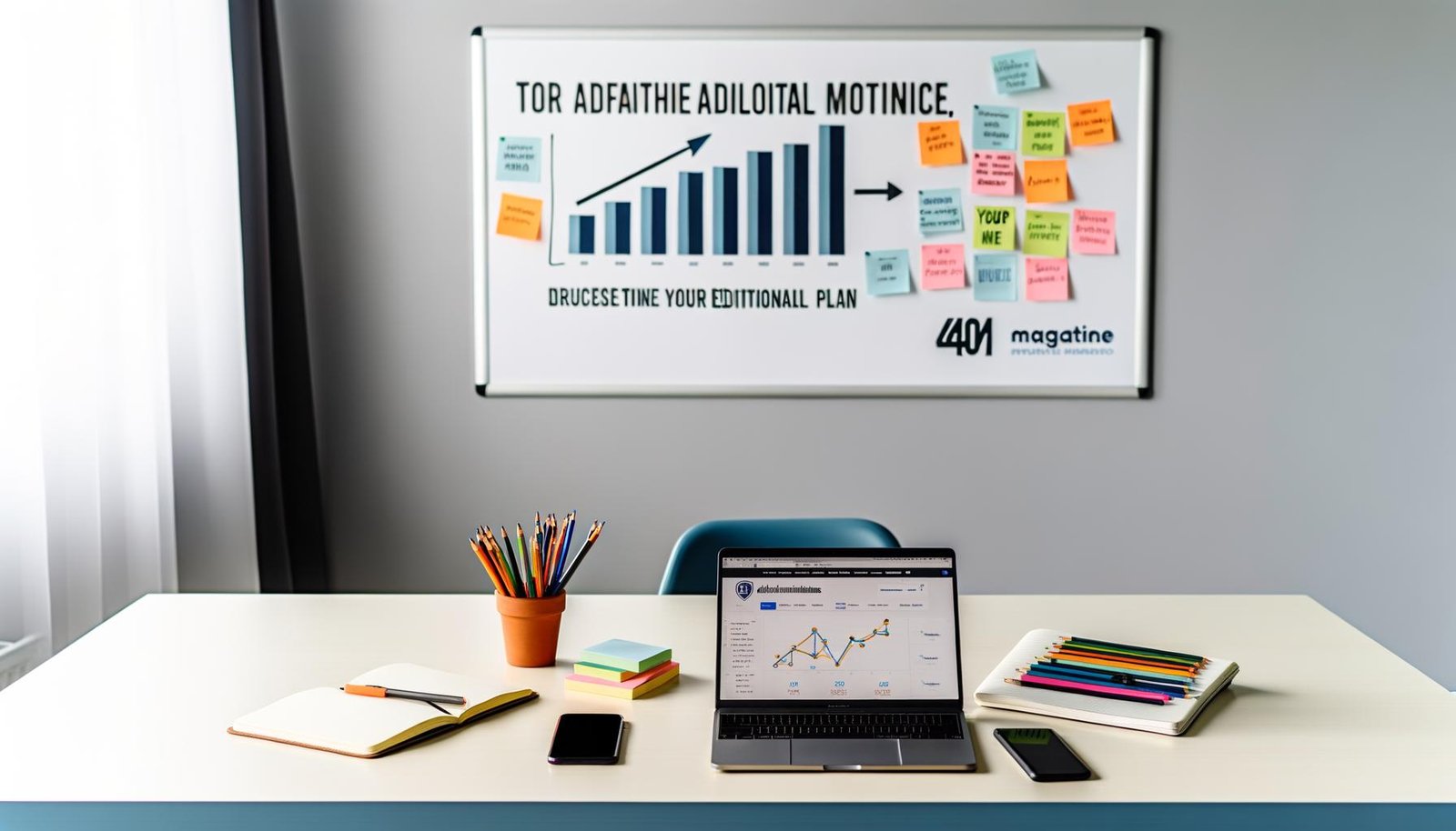 Aufgeräumter Homeoffice-Schreibtisch mit Laptop, Notizbuch, Farbstiften, Smartphone und Redaktionsplan am Whiteboard als Beispiel für digitale Planung und Strategie in einem Affiliate-Blog.