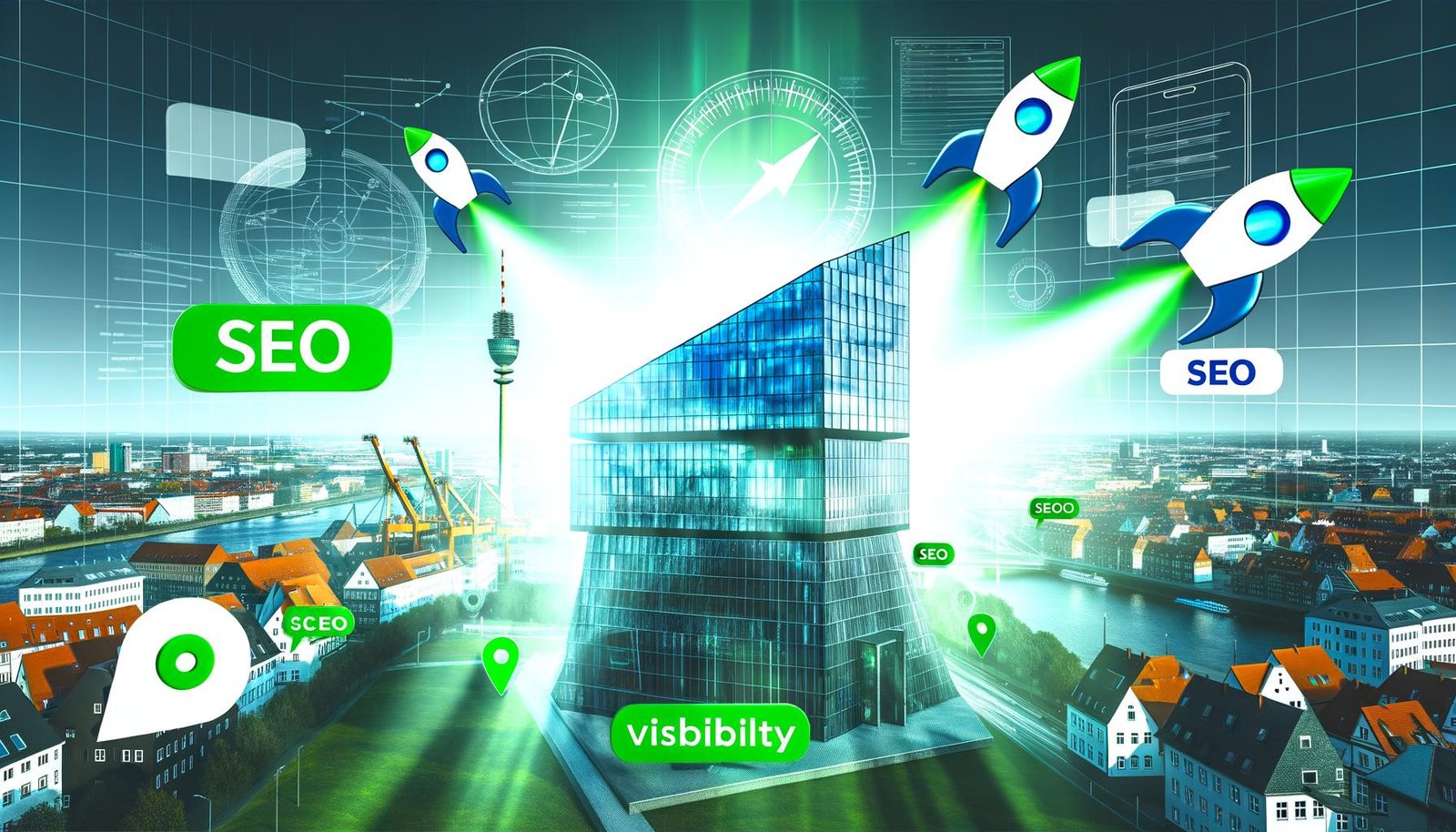 Illustration eines lokalen Bremer Unternehmens mit Glasfassade, von SEO-Raketen und digitalen Symbolen umgeben vor der Bremer Stadtsilhouette mit Roland und Hafenkulisse.