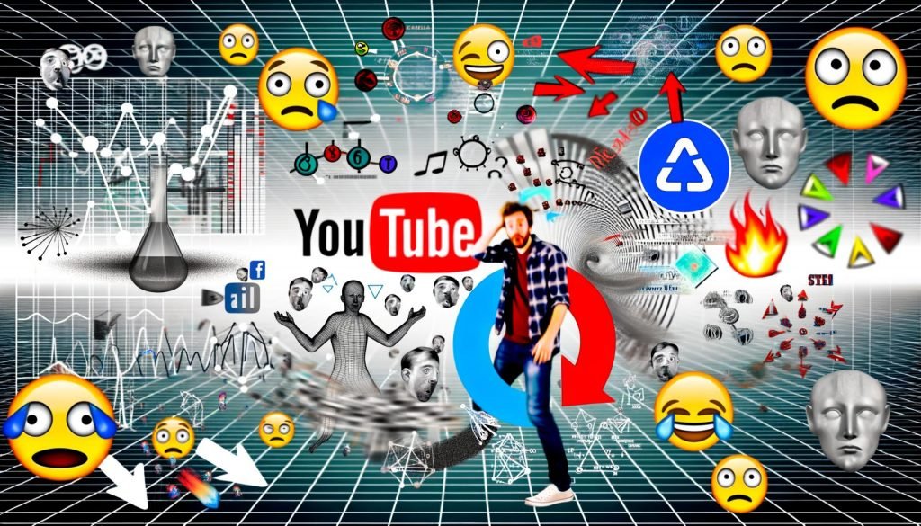 Digitale Collage mit YouTube-Oberflächen, bekannten Meme-Icons, Emojis, Analyse-Grafiken und Trend-Pfeilen rund um ein Meme-Labor im Stil von 2024.