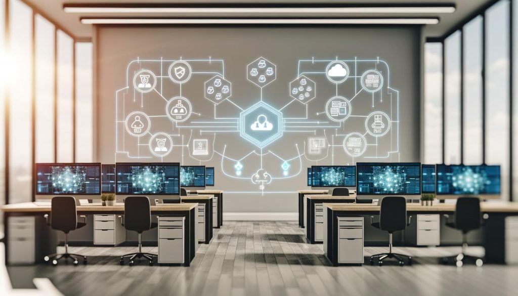 Modern gestaltetes Büro mit großen Monitoren, die schematische Datenflüsse und vernetzte Systeme wie CRM, Cloud, API-Gateway und Data Warehouse zeigen, umgeben von Sicherheits- und Datenschutzsymbolen.
