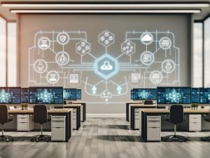 Modern gestaltetes Büro mit großen Monitoren, die schematische Datenflüsse und vernetzte Systeme wie CRM, Cloud, API-Gateway und Data Warehouse zeigen, umgeben von Sicherheits- und Datenschutzsymbolen.