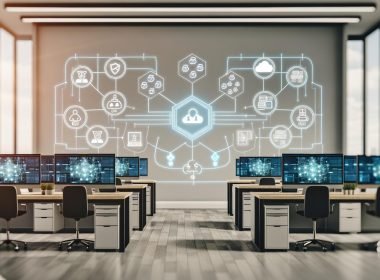 Modern gestaltetes Büro mit großen Monitoren, die schematische Datenflüsse und vernetzte Systeme wie CRM, Cloud, API-Gateway und Data Warehouse zeigen, umgeben von Sicherheits- und Datenschutzsymbolen.