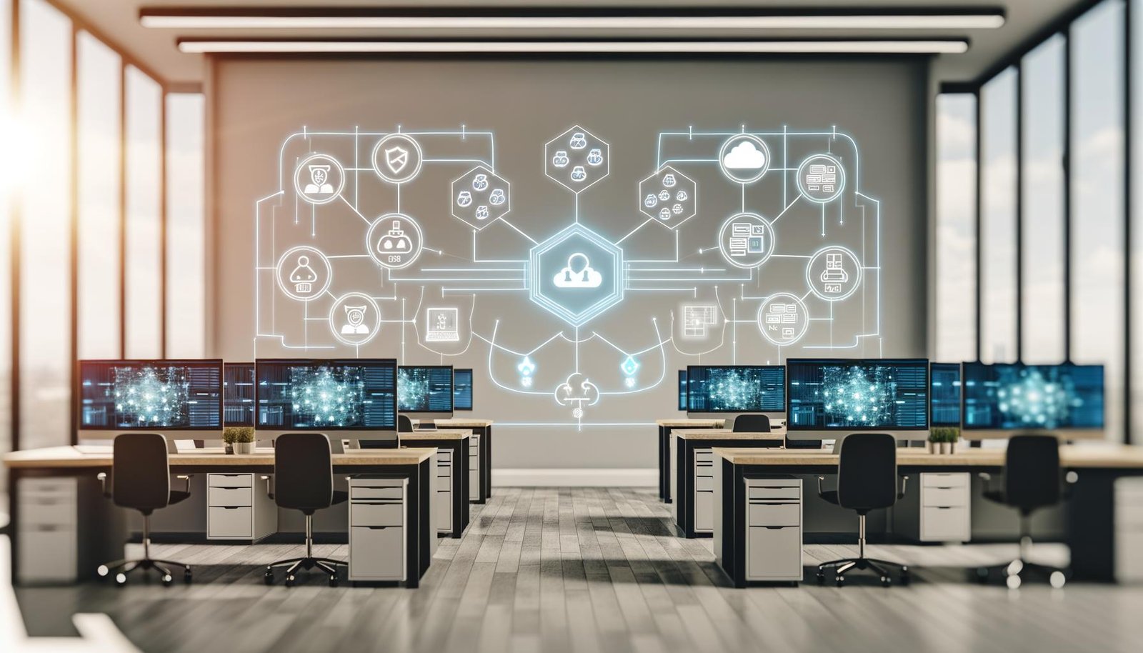 Modern gestaltetes Büro mit großen Monitoren, die schematische Datenflüsse und vernetzte Systeme wie CRM, Cloud, API-Gateway und Data Warehouse zeigen, umgeben von Sicherheits- und Datenschutzsymbolen.