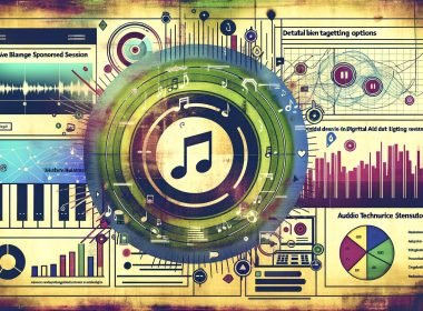 Collage mit Spotify-Logo, Audio-Wellenform, Banner-Overlay auf Smartphone, Sponsored Session Video-Ad, Podcast-Screen und deutschen Datenvisualisierungen für zielgerichtetes Marketing im digitalen, urbanen Stil.