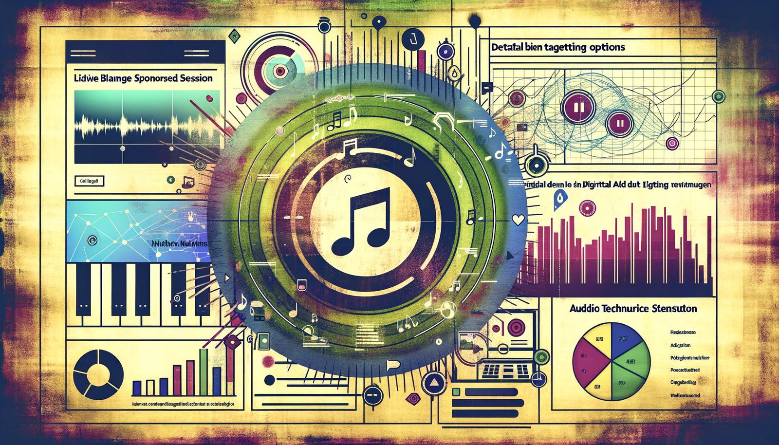 Collage mit Spotify-Logo, Audio-Wellenform, Banner-Overlay auf Smartphone, Sponsored Session Video-Ad, Podcast-Screen und deutschen Datenvisualisierungen für zielgerichtetes Marketing im digitalen, urbanen Stil.