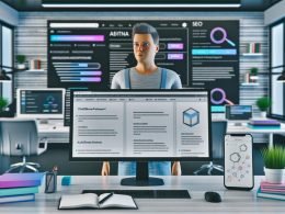 Moderner Arbeitsplatz eines Digitalunternehmers mit großen Monitoren, Affiliate Blog Plattform, SEO-Tools, Content-Notizen sowie Smartphone und Tablet in urbaner, lichtdurchfluteter Umgebung.