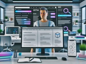 Moderner Arbeitsplatz eines Digitalunternehmers mit großen Monitoren, Affiliate Blog Plattform, SEO-Tools, Content-Notizen sowie Smartphone und Tablet in urbaner, lichtdurchfluteter Umgebung.