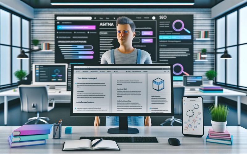 Moderner Arbeitsplatz eines Digitalunternehmers mit großen Monitoren, Affiliate Blog Plattform, SEO-Tools, Content-Notizen sowie Smartphone und Tablet in urbaner, lichtdurchfluteter Umgebung.