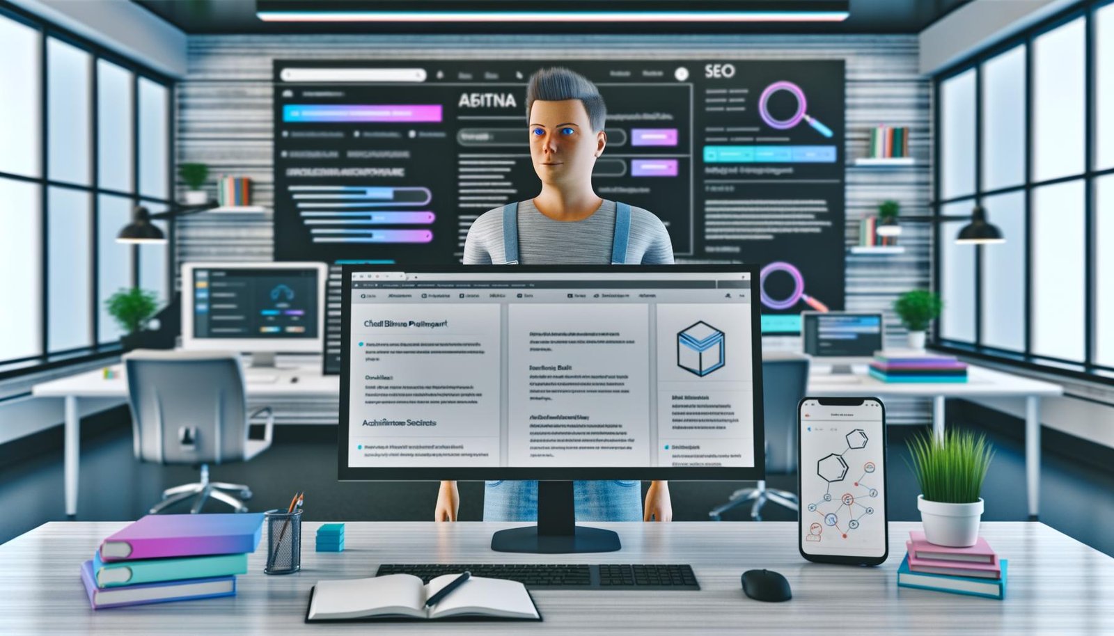 Moderner Arbeitsplatz eines Digitalunternehmers mit großen Monitoren, Affiliate Blog Plattform, SEO-Tools, Content-Notizen sowie Smartphone und Tablet in urbaner, lichtdurchfluteter Umgebung.