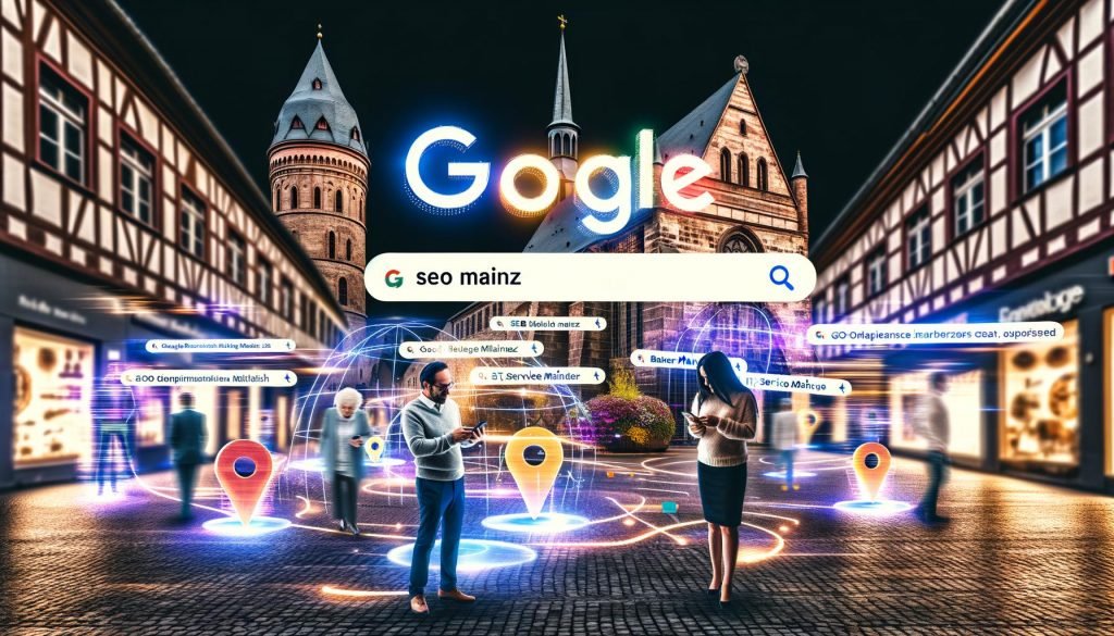 Blick auf die Mainzer Altstadt mit historischen Gebäuden, digitalen Suchleisten mit Begriffen wie SEO Mainz und Google Maps Pins, während Menschen am Smartphone Suchergebnisse betrachten.