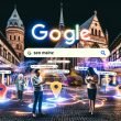 Blick auf die Mainzer Altstadt mit historischen Gebäuden, digitalen Suchleisten mit Begriffen wie SEO Mainz und Google Maps Pins, während Menschen am Smartphone Suchergebnisse betrachten.