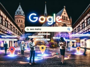 Blick auf die Mainzer Altstadt mit historischen Gebäuden, digitalen Suchleisten mit Begriffen wie SEO Mainz und Google Maps Pins, während Menschen am Smartphone Suchergebnisse betrachten.