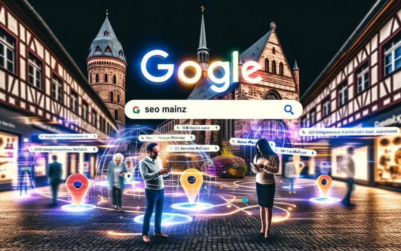 Blick auf die Mainzer Altstadt mit historischen Gebäuden, digitalen Suchleisten mit Begriffen wie SEO Mainz und Google Maps Pins, während Menschen am Smartphone Suchergebnisse betrachten.