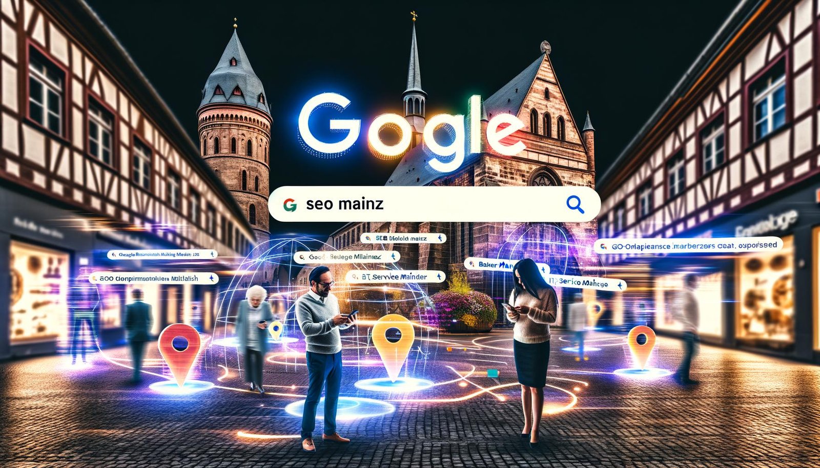 Blick auf die Mainzer Altstadt mit historischen Gebäuden, digitalen Suchleisten mit Begriffen wie SEO Mainz und Google Maps Pins, während Menschen am Smartphone Suchergebnisse betrachten.