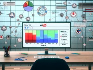 Moderner Schreibtisch mit großem Monitor, auf dem eine detaillierte Meme-Analyse-Tabelle für YouTube angezeigt wird; bunte Spalten und Icons für verschiedene Meme-Typen, mit schwebenden Datenvisualisierungen und einem subtilen YouTube-Logo im Hintergrund.