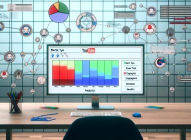 Moderner Schreibtisch mit großem Monitor, auf dem eine detaillierte Meme-Analyse-Tabelle für YouTube angezeigt wird; bunte Spalten und Icons für verschiedene Meme-Typen, mit schwebenden Datenvisualisierungen und einem subtilen YouTube-Logo im Hintergrund.