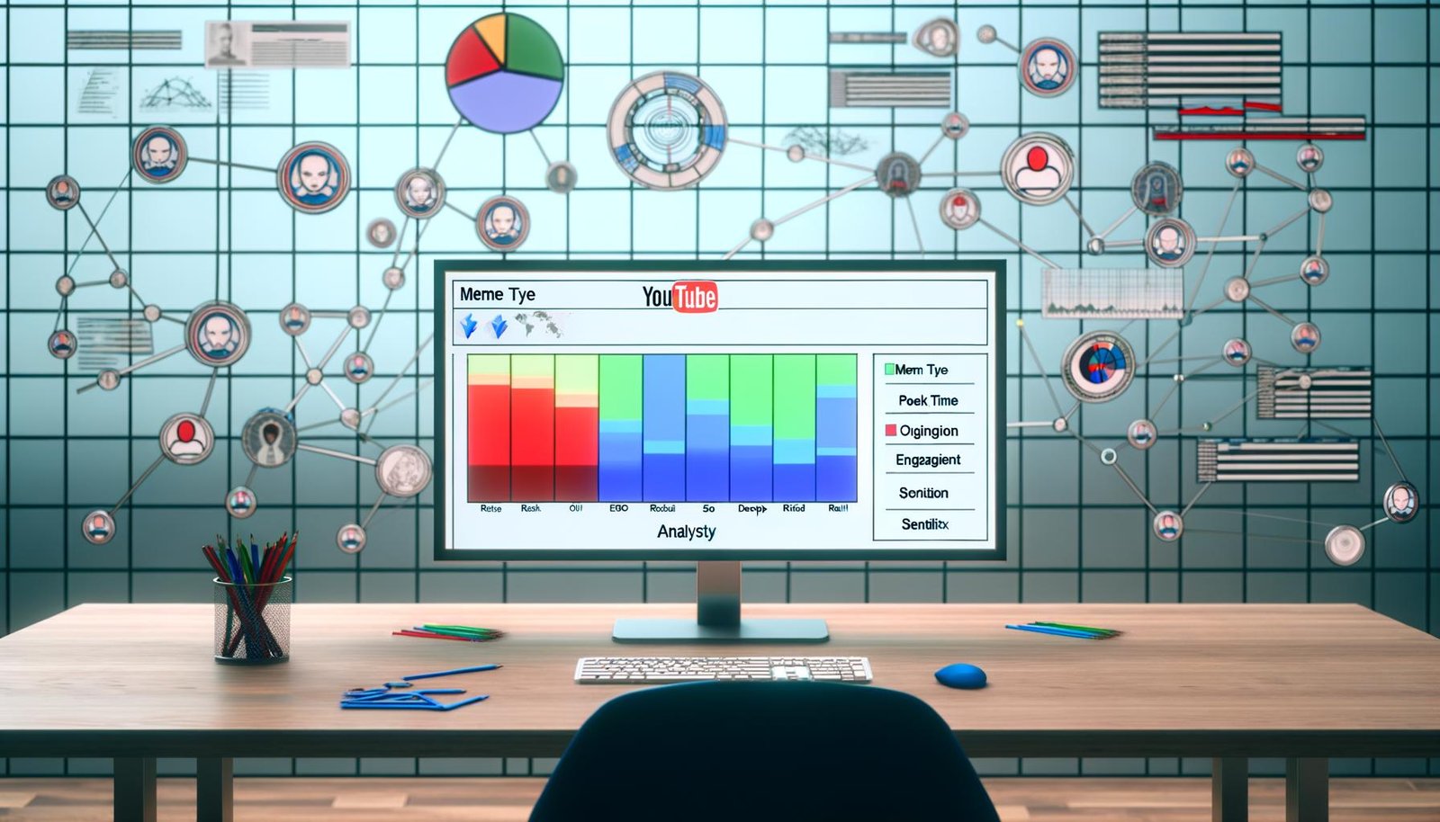 Moderner Schreibtisch mit großem Monitor, auf dem eine detaillierte Meme-Analyse-Tabelle für YouTube angezeigt wird; bunte Spalten und Icons für verschiedene Meme-Typen, mit schwebenden Datenvisualisierungen und einem subtilen YouTube-Logo im Hintergrund.