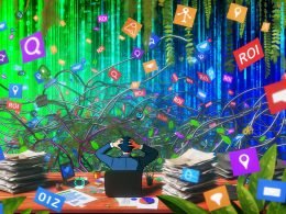 Verwirrter Marketer am Schreibtisch mit Datenchaos, Tool-Logos und bunten Dashboards in einer digitalen Dschungelumgebung