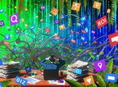 Verwirrter Marketer am Schreibtisch mit Datenchaos, Tool-Logos und bunten Dashboards in einer digitalen Dschungelumgebung