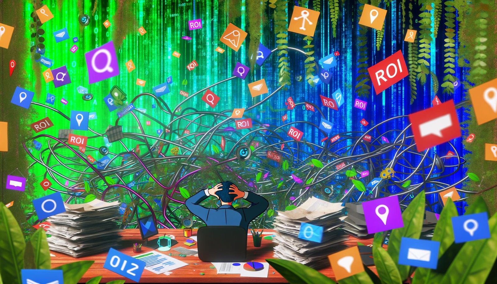 Verwirrter Marketer am Schreibtisch mit Datenchaos, Tool-Logos und bunten Dashboards in einer digitalen Dschungelumgebung