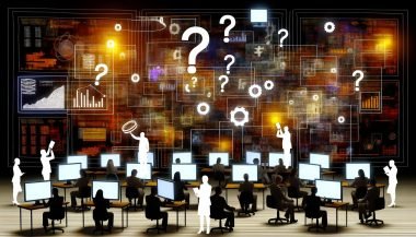 Marketer in einem chaotischen Büro mit unübersichtlichen Dashboards, wirren Datenflüssen und fehlerhaften Anzeigen, während eine Person eine glänzende Glasscheibe für Klarheit hält