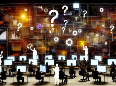 Marketer in einem chaotischen Büro mit unübersichtlichen Dashboards, wirren Datenflüssen und fehlerhaften Anzeigen, während eine Person eine glänzende Glasscheibe für Klarheit hält