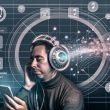 Futuristisches Editorial: Person mit luxuriösen Kopfhörern hört Musik am Smartphone, umgeben von Soundwellen, Datenstreams und Icons für Sprachsteuerung vor einem modernen Interface mit KI-Elementen