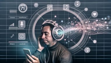 Futuristisches Editorial: Person mit luxuriösen Kopfhörern hört Musik am Smartphone, umgeben von Soundwellen, Datenstreams und Icons für Sprachsteuerung vor einem modernen Interface mit KI-Elementen