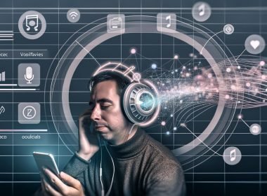 Futuristisches Editorial: Person mit luxuriösen Kopfhörern hört Musik am Smartphone, umgeben von Soundwellen, Datenstreams und Icons für Sprachsteuerung vor einem modernen Interface mit KI-Elementen