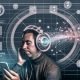 Futuristisches Editorial: Person mit luxuriösen Kopfhörern hört Musik am Smartphone, umgeben von Soundwellen, Datenstreams und Icons für Sprachsteuerung vor einem modernen Interface mit KI-Elementen