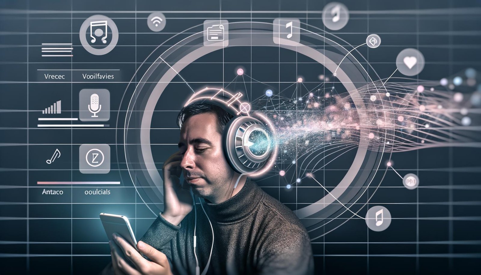 Futuristisches Editorial: Person mit luxuriösen Kopfhörern hört Musik am Smartphone, umgeben von Soundwellen, Datenstreams und Icons für Sprachsteuerung vor einem modernen Interface mit KI-Elementen