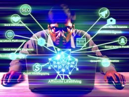 Illustration eines energischen Bloggers, umgeben von Symbolen für SEO, Analytics, Social Media, Affiliate-Links und Wachstumsstrategien in einem modernen, cyberpunkartigen Stil.