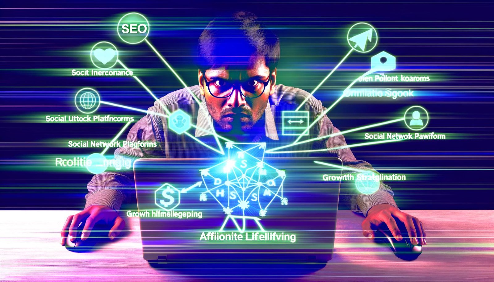 Illustration eines energischen Bloggers, umgeben von Symbolen für SEO, Analytics, Social Media, Affiliate-Links und Wachstumsstrategien in einem modernen, cyberpunkartigen Stil.