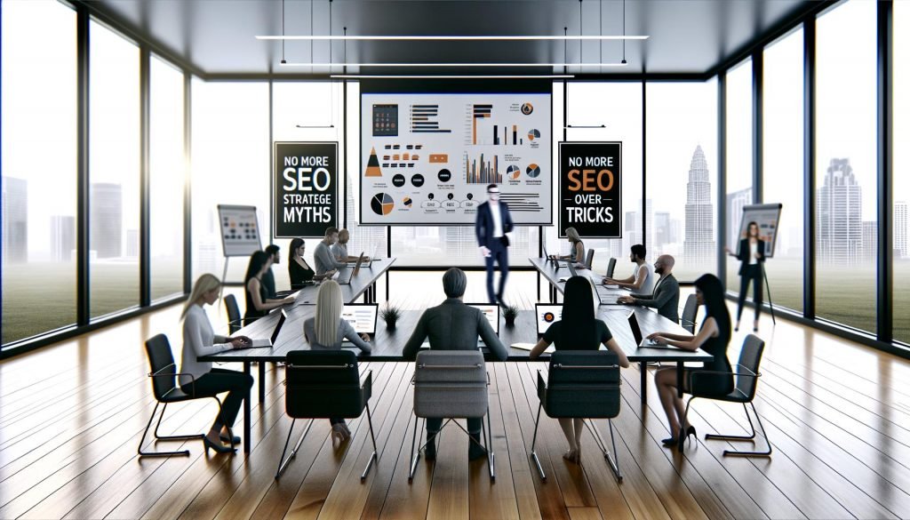Teilnehmer*innen in einem modernen Konferenzraum mit Holztisch und Laptops verfolgen einen SEO-Workshop an einer digitalen Leinwand mit Diagrammen und technischen Grafiken.