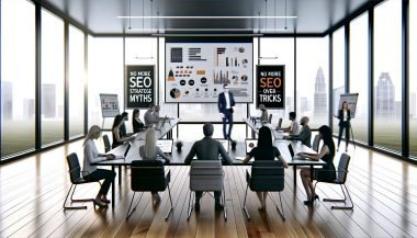 Teilnehmer*innen in einem modernen Konferenzraum mit Holztisch und Laptops verfolgen einen SEO-Workshop an einer digitalen Leinwand mit Diagrammen und technischen Grafiken.