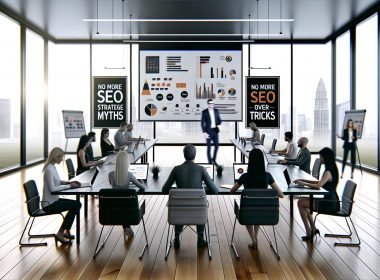 Teilnehmer*innen in einem modernen Konferenzraum mit Holztisch und Laptops verfolgen einen SEO-Workshop an einer digitalen Leinwand mit Diagrammen und technischen Grafiken.