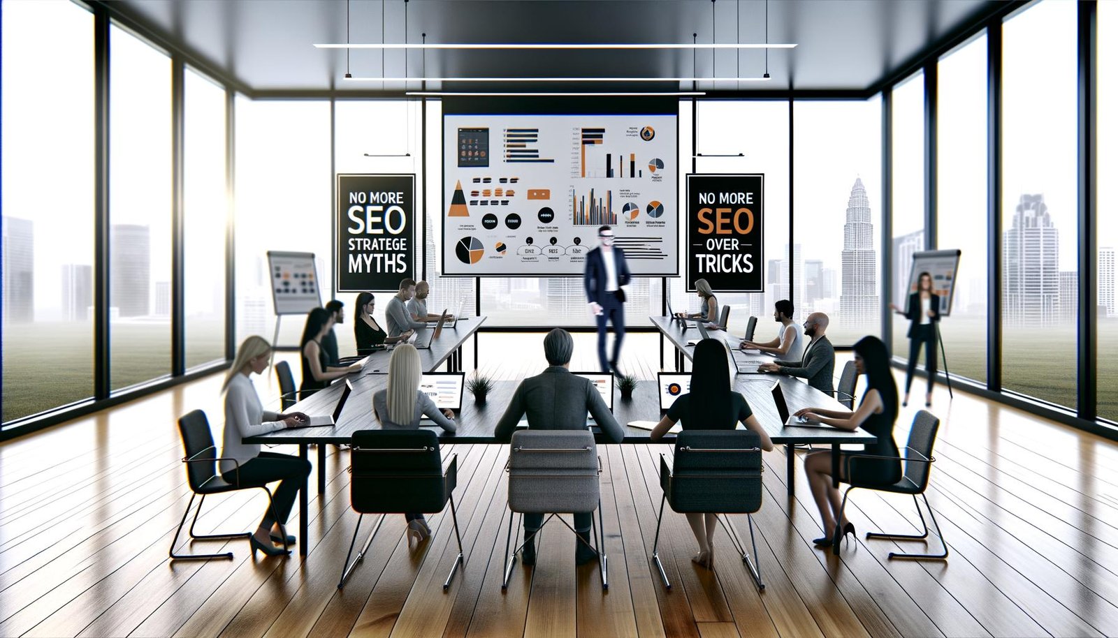 Teilnehmer*innen in einem modernen Konferenzraum mit Holztisch und Laptops verfolgen einen SEO-Workshop an einer digitalen Leinwand mit Diagrammen und technischen Grafiken.