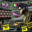 Battle-getriebener Meme-Schöpfer am Computertisch, umgeben von Bildschirmen mit YouTube-Analysen, auffälligen Memes und Notizen zu Upload-Strategien in intensiver Cyber-Atmosphäre.