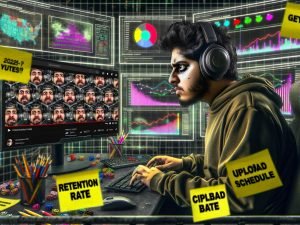 Battle-getriebener Meme-Schöpfer am Computertisch, umgeben von Bildschirmen mit YouTube-Analysen, auffälligen Memes und Notizen zu Upload-Strategien in intensiver Cyber-Atmosphäre.