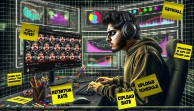 Battle-getriebener Meme-Schöpfer am Computertisch, umgeben von Bildschirmen mit YouTube-Analysen, auffälligen Memes und Notizen zu Upload-Strategien in intensiver Cyber-Atmosphäre.