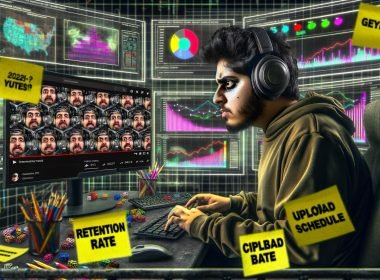 Battle-getriebener Meme-Schöpfer am Computertisch, umgeben von Bildschirmen mit YouTube-Analysen, auffälligen Memes und Notizen zu Upload-Strategien in intensiver Cyber-Atmosphäre.