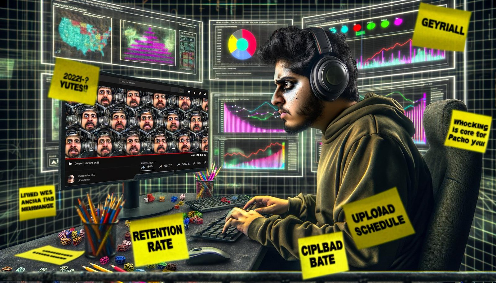 Battle-getriebener Meme-Schöpfer am Computertisch, umgeben von Bildschirmen mit YouTube-Analysen, auffälligen Memes und Notizen zu Upload-Strategien in intensiver Cyber-Atmosphäre.