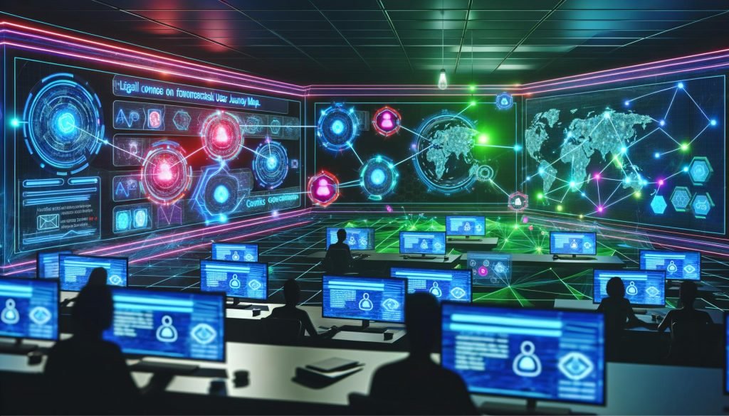 Futuristisches Marketing-Operations-Center mit Hightech-Dashboards, holografischen Benutzerreise-Karten, Neonfarben und vernetzten Datenströmen in digitaler Matrix-Atmosphäre.
