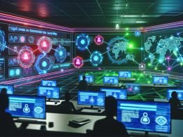 Futuristisches Marketing-Operations-Center mit Hightech-Dashboards, holografischen Benutzerreise-Karten, Neonfarben und vernetzten Datenströmen in digitaler Matrix-Atmosphäre.