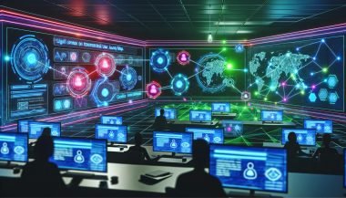 Futuristisches Marketing-Operations-Center mit Hightech-Dashboards, holografischen Benutzerreise-Karten, Neonfarben und vernetzten Datenströmen in digitaler Matrix-Atmosphäre.