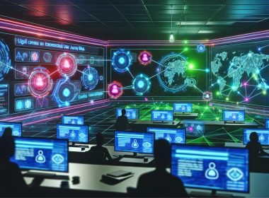 Futuristisches Marketing-Operations-Center mit Hightech-Dashboards, holografischen Benutzerreise-Karten, Neonfarben und vernetzten Datenströmen in digitaler Matrix-Atmosphäre.