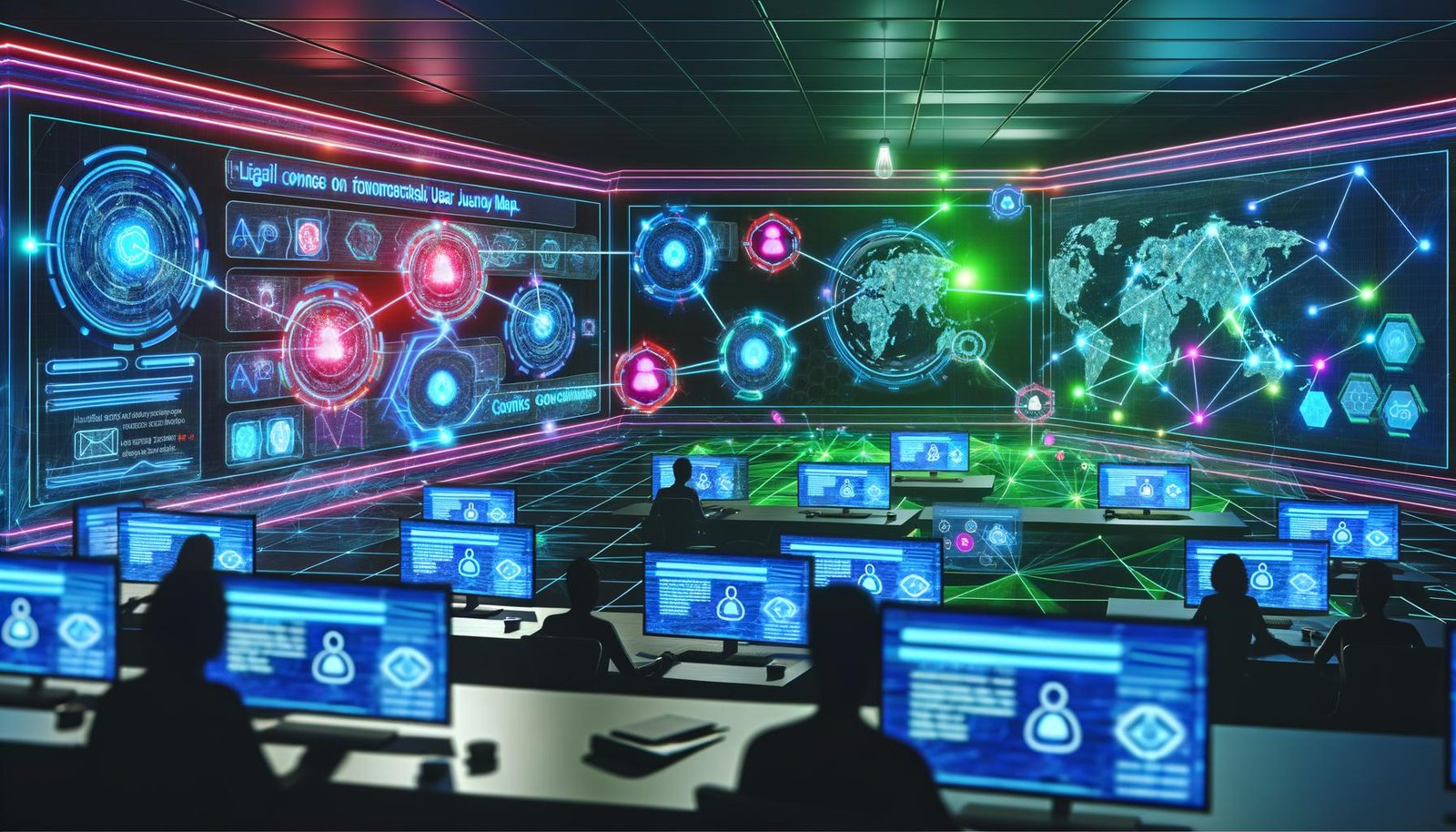 Futuristisches Marketing-Operations-Center mit Hightech-Dashboards, holografischen Benutzerreise-Karten, Neonfarben und vernetzten Datenströmen in digitaler Matrix-Atmosphäre.
