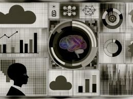 Collage mit modernem Dashboard voller bunter Diagrammtypen, KI-Neuronennetz, Cloud- und Datenschloss-Symbolen und einem Geschäftsprotagonisten vor einem in Licht übergehenden analytischen Nebel.
